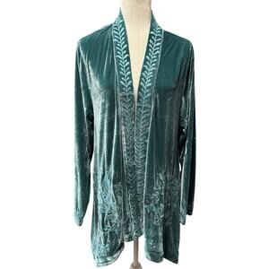 Floriana Velvet Embroidered Open Front Teal Jacket / Cardigan – XL
